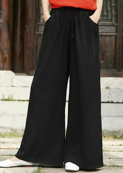 Simple Black Pockets Elastic Waist Linen Pants Summer Ada Fashion