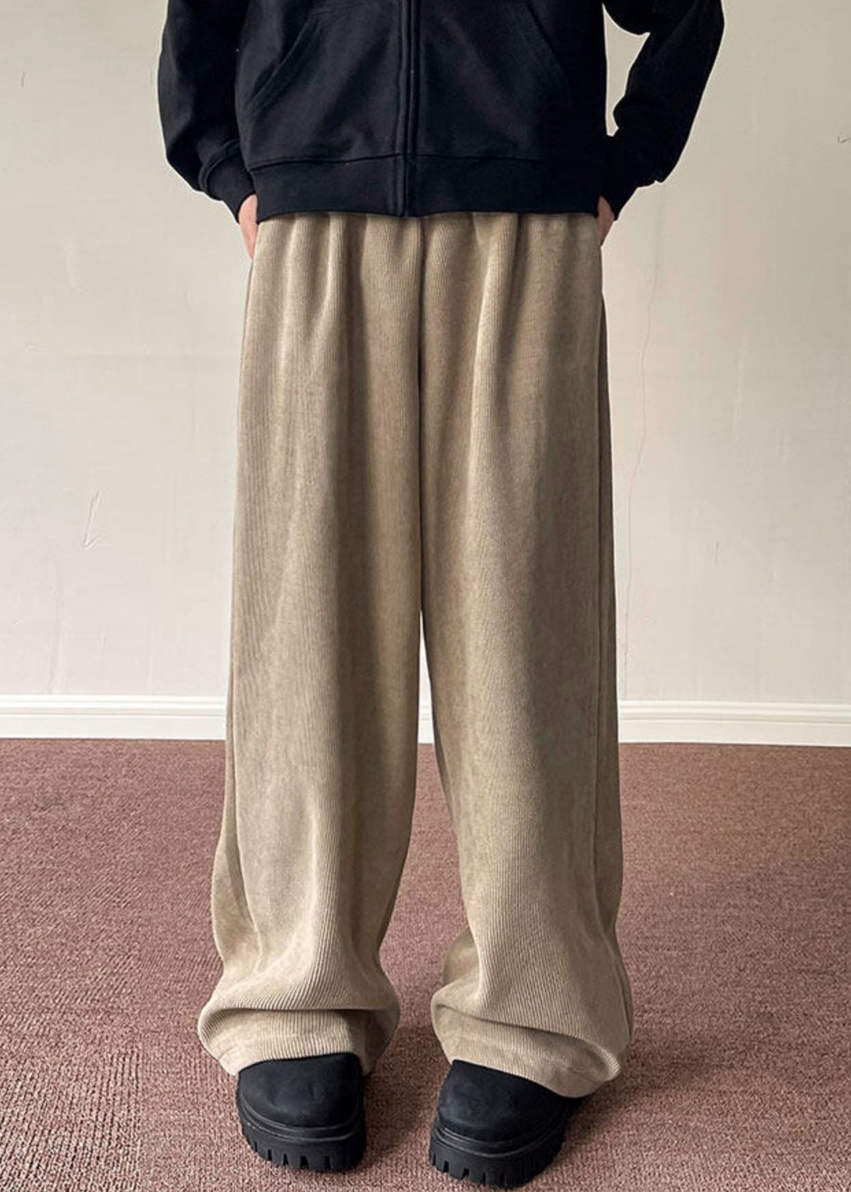 Simple Black Pockets Thick Corduroy Men Wide Leg Pants Spring RM056 ABC