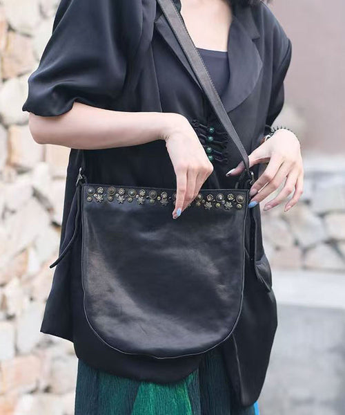 Black Leather Bag Simple Messenger Rivet FashionChic