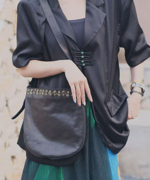 Black Leather Bag Simple Messenger Rivet FashionChic