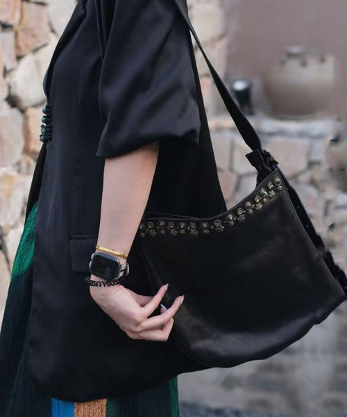 Black Leather Bag Simple Messenger Rivet FashionChic