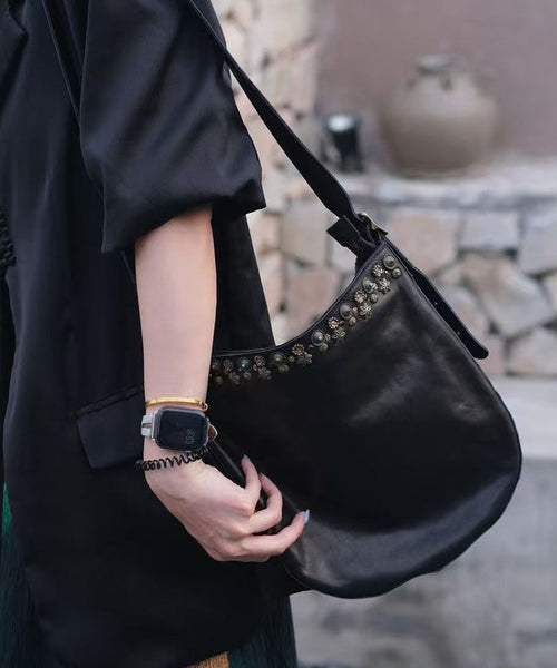 Black Leather Bag Simple Messenger Rivet FashionChic
