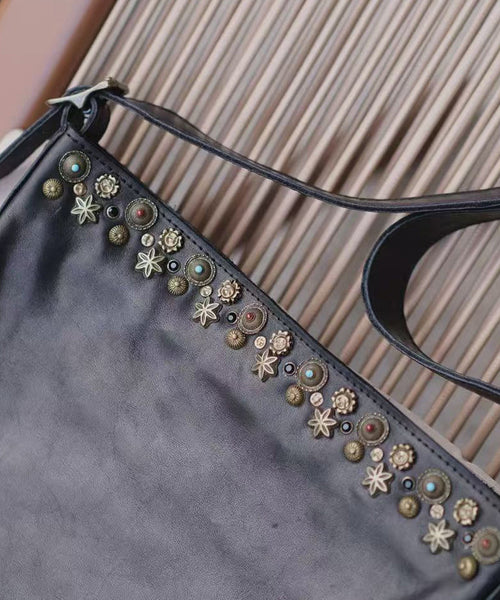 Black Leather Bag Simple Messenger Rivet FashionChic