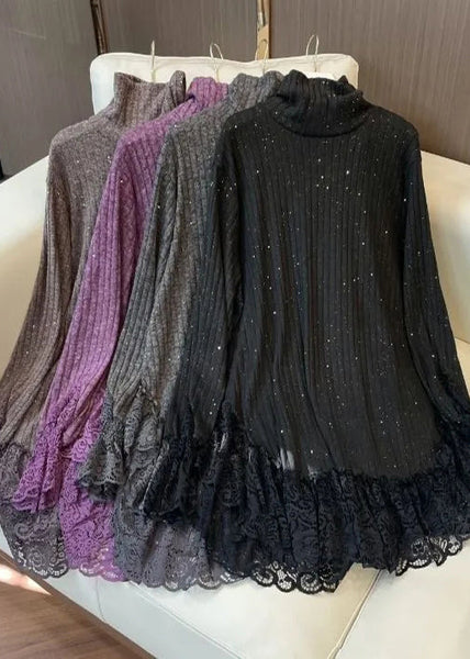 Simple Black Sequins Patchwork Lace Knit Pullover Spring YF023 ABC