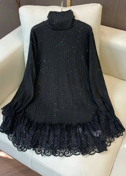 Simple Black Sequins Patchwork Lace Knit Pullover Spring YF023 ABC