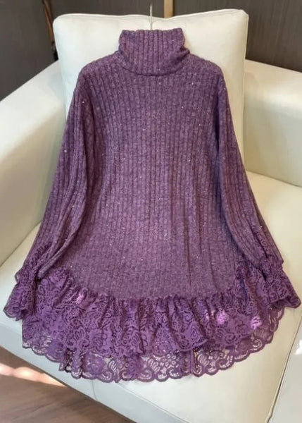 Simple Black Sequins Patchwork Lace Knit Pullover Spring YF023 ABC