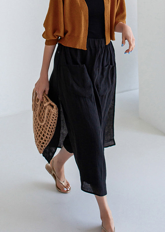 Simple Black Side Open Linen Pants Skirt Summer TZ029