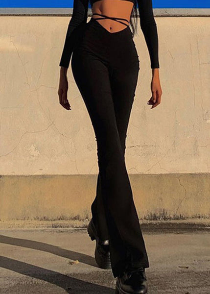 Simple Black Solid High Waist Cotton Flared Trousers Spring YZ069 ABC