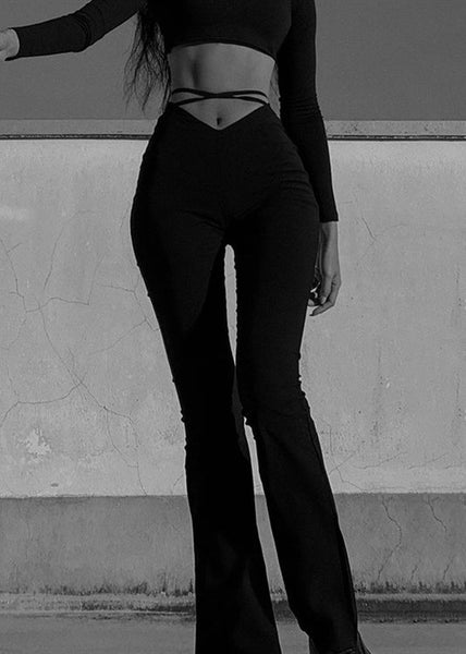 Simple Black Solid High Waist Cotton Flared Trousers Spring YZ069 ABC