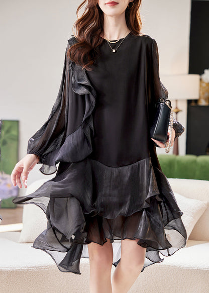 Black Dress Lantern Patchwork Mid Simple Holiday Sleeve Tulle FashionChic