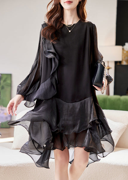 Black Dress Lantern Patchwork Mid Simple Holiday Sleeve Tulle FashionChic