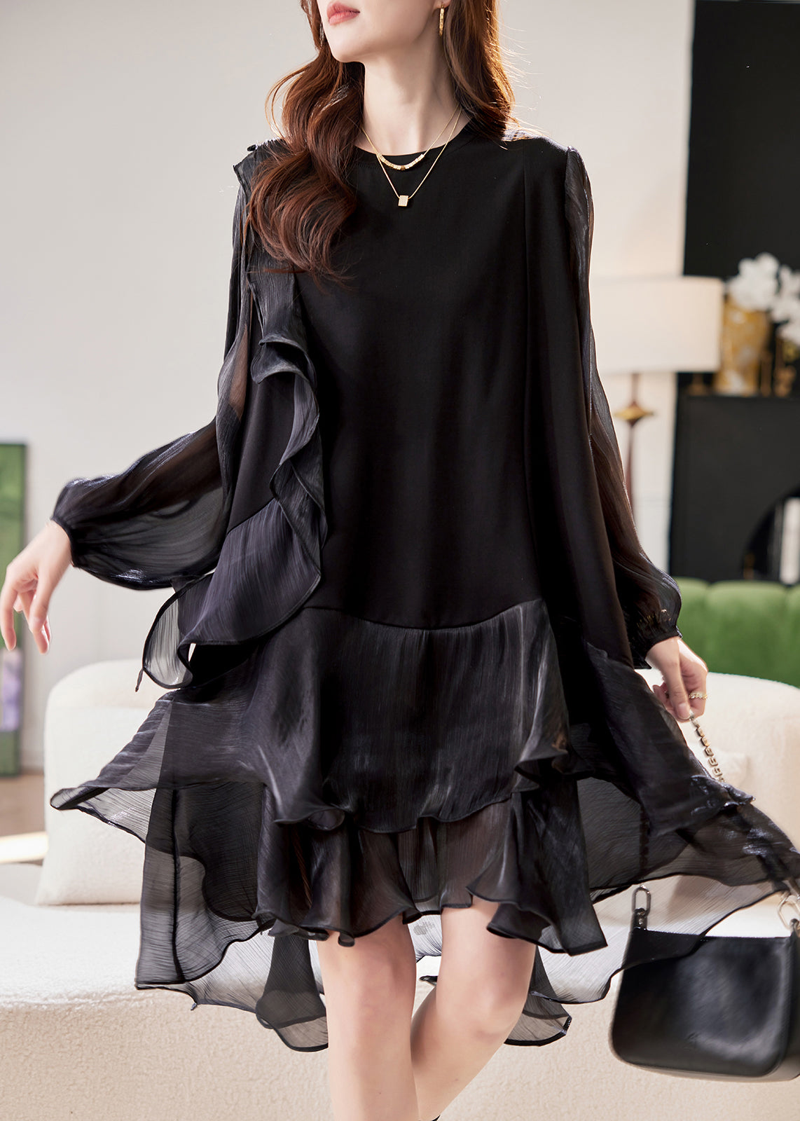Black Dress Lantern Patchwork Mid Simple Holiday Sleeve Tulle FashionChic