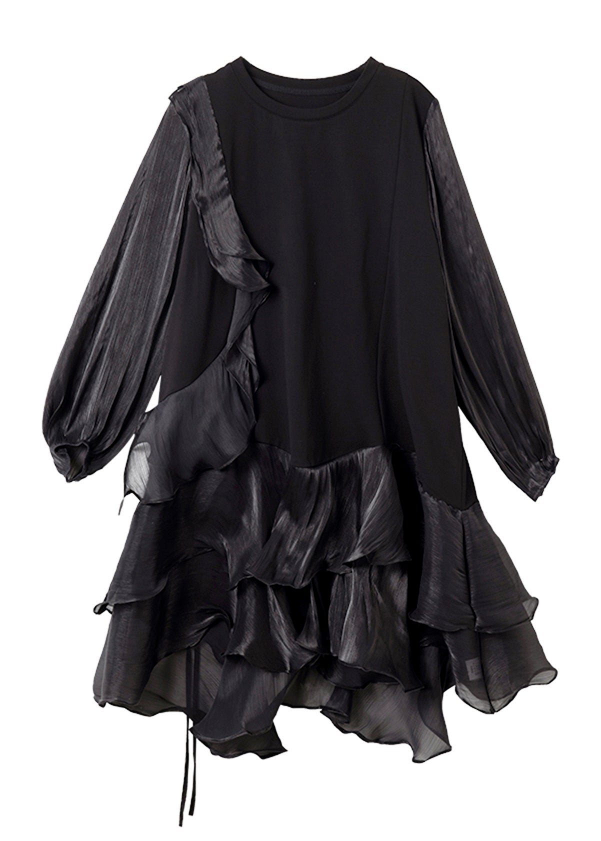 Black Dress Lantern Patchwork Mid Simple Holiday Sleeve Tulle FashionChic
