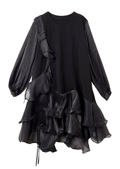 Black Dress Lantern Patchwork Mid Simple Holiday Sleeve Tulle FashionChic