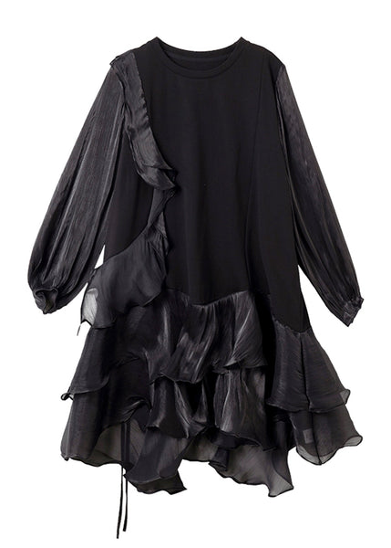 Black Dress Lantern Patchwork Mid Simple Holiday Sleeve Tulle FashionChic