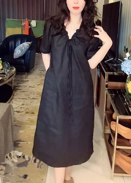 Simple Pockets Black Long Neck Up Summer Dress Linen V Lace FashionChic