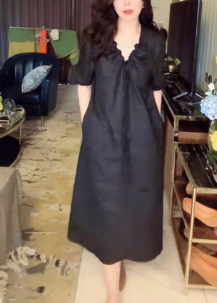Simple Pockets Black Long Neck Up Summer Dress Linen V Lace FashionChic