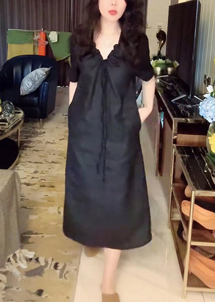 Simple Pockets Black Long Neck Up Summer Dress Linen V Lace FashionChic