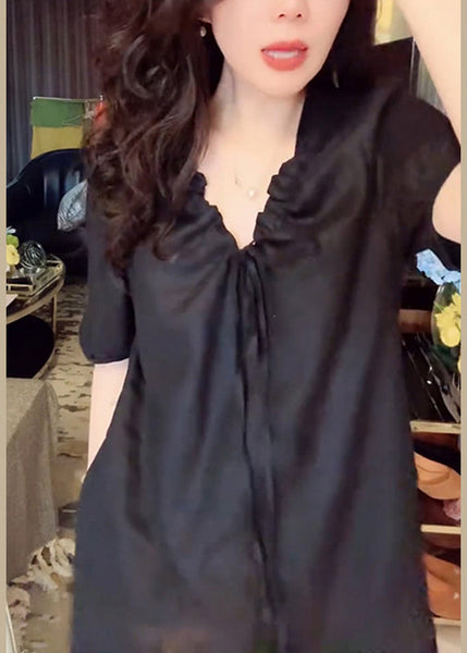 Simple Pockets Black Long Neck Up Summer Dress Linen V Lace FashionChic