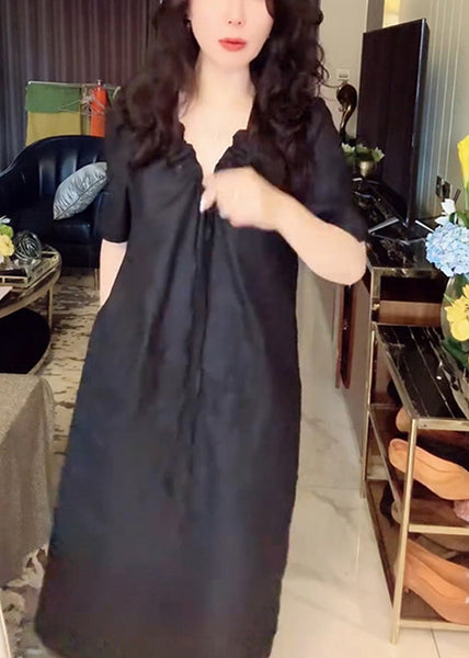 Simple Pockets Black Long Neck Up Summer Dress Linen V Lace FashionChic