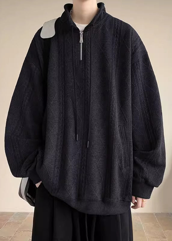 Pockets Spring Black Zip Mens Up Simple Sweatshirt Cotton Solid FashionChic