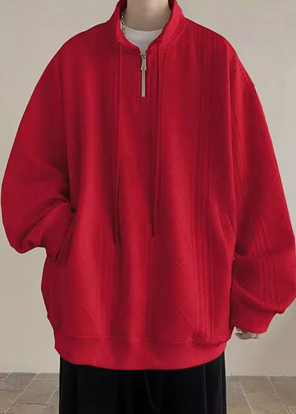 Pockets Spring Black Zip Mens Up Simple Sweatshirt Cotton Solid FashionChic