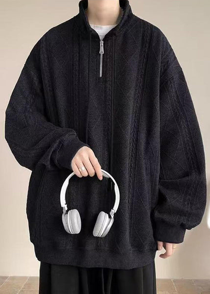 Pockets Spring Black Zip Mens Up Simple Sweatshirt Cotton Solid FashionChic