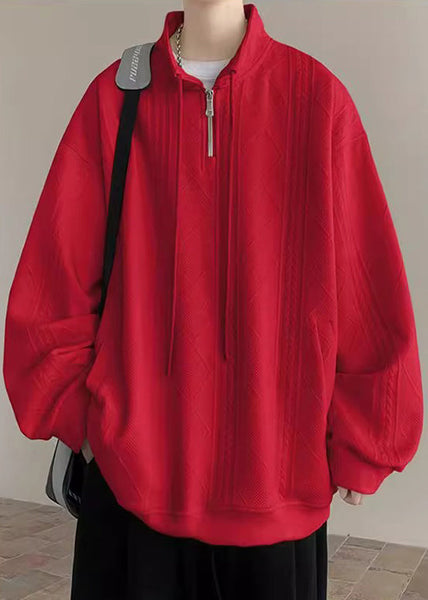 Pockets Spring Black Zip Mens Up Simple Sweatshirt Cotton Solid FashionChic