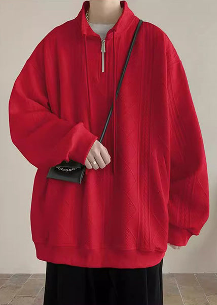 Pockets Spring Black Zip Mens Up Simple Sweatshirt Cotton Solid FashionChic