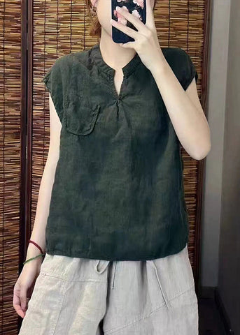 Simple Blackish Linen Neck Sleeveless Green Vests V FashionChic