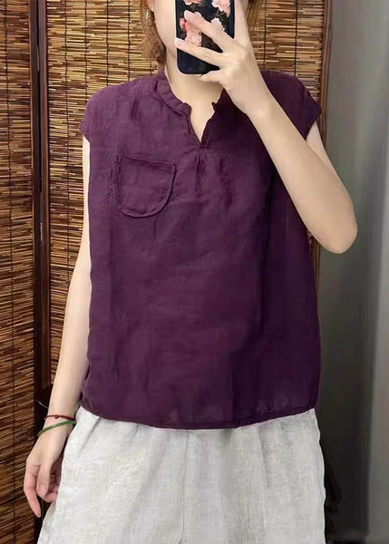 Simple Blackish Linen Neck Sleeveless Green Vests V FashionChic