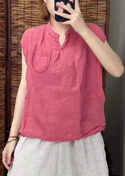 Simple Blackish Linen Neck Sleeveless Green Vests V FashionChic