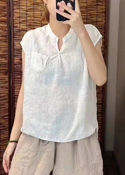 Simple Blackish Linen Neck Sleeveless Green Vests V FashionChic