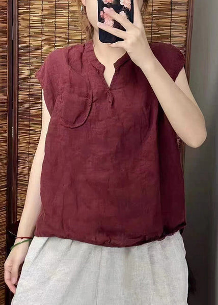 Simple Blackish Linen Neck Sleeveless Green Vests V FashionChic