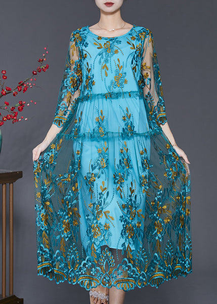 Simple Blue Embroidered Tulle Vacation Dresses Summer SD1088 Ada Fashion