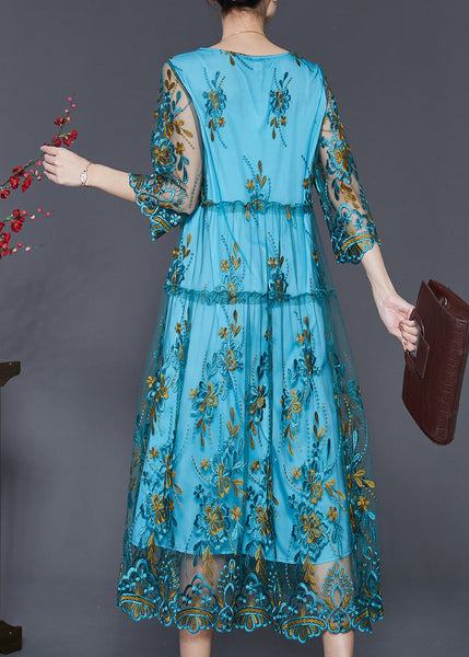 Simple Blue Embroidered Tulle Vacation Dresses Summer SD1088 Ada Fashion