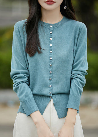 Simple Blue O Neck Button Solid Woolen Coat Spring TF039