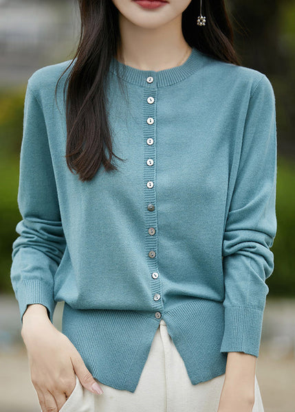 Simple Blue O Neck Button Solid Woolen Coat Spring TF039