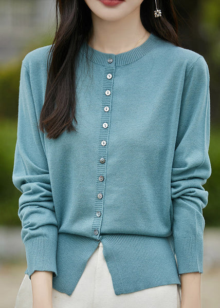 Simple Blue O Neck Button Solid Woolen Coat Spring TF039