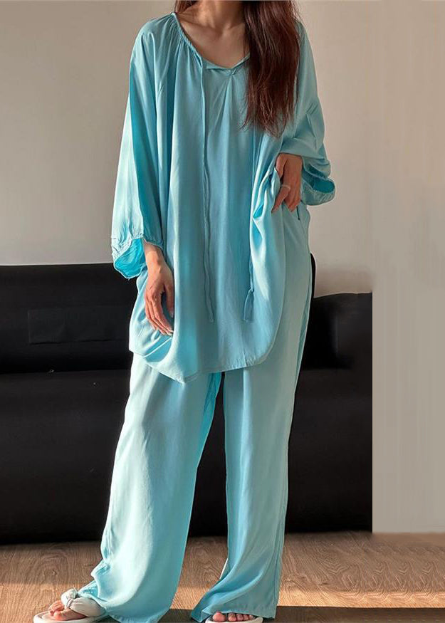 Two Piece O Set Cotton Up Lace Pajamas Blue Neck Simple Solid FashionChic
