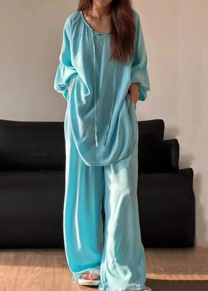 Two Piece O Set Cotton Up Lace Pajamas Blue Neck Simple Solid FashionChic