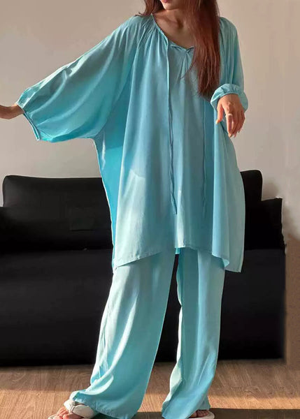 Two Piece O Set Cotton Up Lace Pajamas Blue Neck Simple Solid FashionChic