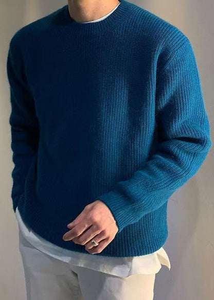 Simple Blue O Neck Solid Knit Mens Sweaters Spring TK015