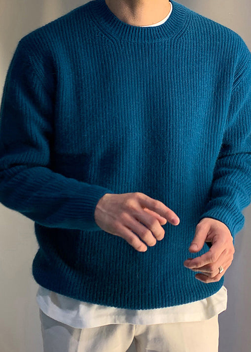 Simple Blue O Neck Solid Knit Mens Sweaters Spring TK015
