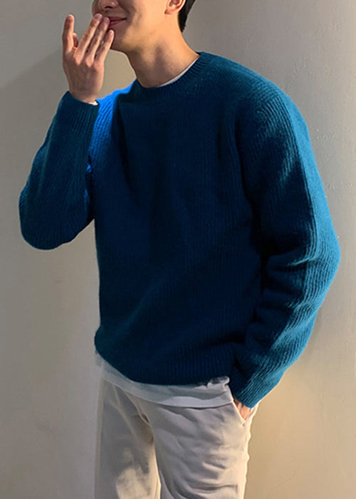 Simple Blue O Neck Solid Knit Mens Sweaters Spring TK015