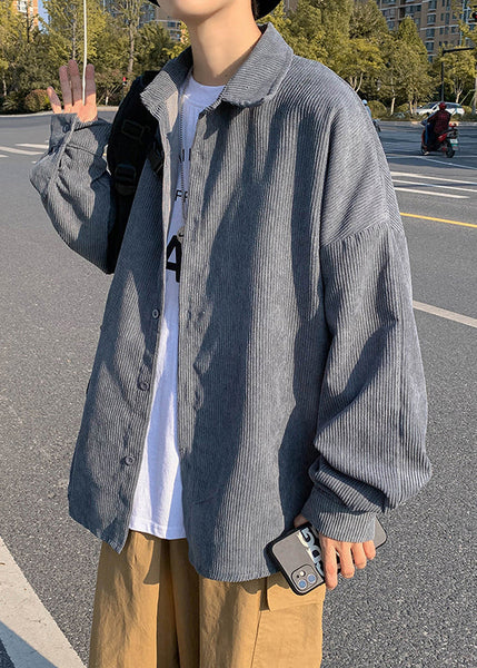 Simple Collar Peter Shirts Corduroy Button Blue Coat Mens Pan FashionChic