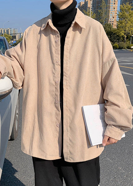 Simple Collar Peter Shirts Corduroy Button Blue Coat Mens Pan FashionChic