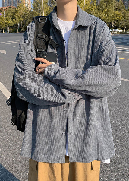 Simple Collar Peter Shirts Corduroy Button Blue Coat Mens Pan FashionChic