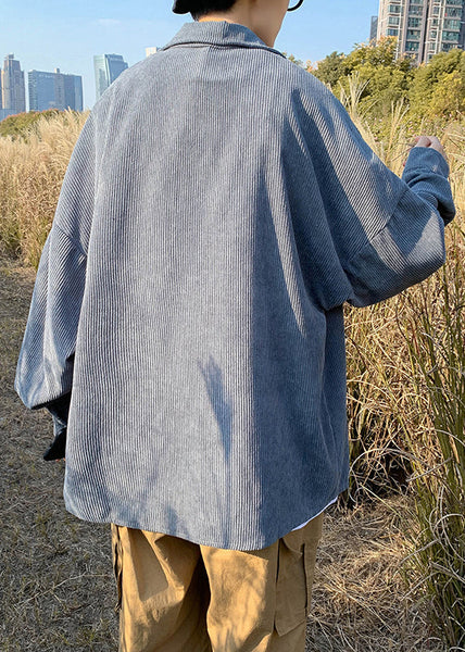 Simple Collar Peter Shirts Corduroy Button Blue Coat Mens Pan FashionChic