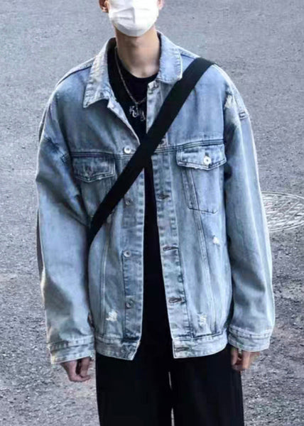 TC043 Collar Spring Simple Peter Coats Button Denim Mens Pan Blue